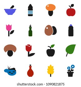 solid vector icon set - oil vector, cereal, egg, mushroom, apple fruit, leaf, water bottle, tulip, mortar, pond, flower in pot