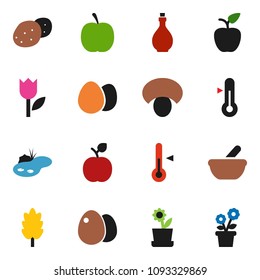 solid vector icon set - oil vector, thermometer, cereal, egg, mushroom, potato, apple fruit, diet, tulip, mortar, pond, flower in pot