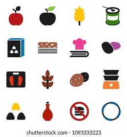 solid vector icon set - oil vector, double boiler, cookbook, cereal, potato, apple fruit, diet, scales, sports nutrition, cereals, breads, no fastfood, hoop