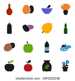 solid vector icon set - oil vector, cereal, egg, mushroom, potato, apple fruit, leaf, diet, water bottle, mortar, pond, flower in pot