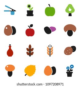 solid vector icon set - oil vector, cook press, egg, mushroom, potato, apple fruit, leaf, diet, cereals, tree, flower in pot