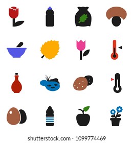 solid vector icon set - oil vector, thermometer, cereal, egg, mushroom, potato, apple fruit, leaf, water bottle, tulip, mortar, pond, flower in pot