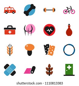 solid vector icon set - oil vector, mushroom, barbell, heart pulse, bike, buttocks, fitness mat, cereals, breads, bone, hoop, doctor bag, patch, ambulance car, medical room