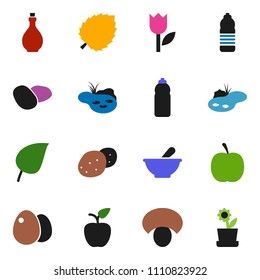 solid vector icon set - oil vector, egg, mushroom, potato, apple fruit, leaf, diet, water bottle, tulip, mortar, pond, flower in pot
