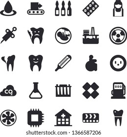 Solid vector icon set - oil production platform flat vector, ventilation, chemistry, refueling, accumulator, socket, conveyor, radiation, drop, carbon dioxide, motherboard, pill packaging, syringe