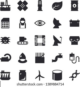 Solid vector icon set - oil production platform flat vector, main pipeline, windmill, tree leaf, tanks, accumulator, hydroelectric power station, conveyor, energy saving lamp, drop, pipe, SIM card