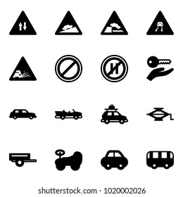 Solid vector icon set - oncoming traffic vector road sign, climb, embankment, slippery, gravel, no parking, even, key hand, limousine, cabrio, car baggage, jack, trailer, baby, toy bus