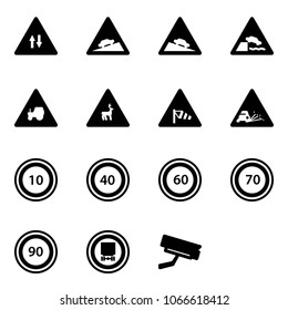 Solid vector icon set - oncoming traffic vector road sign, climb, steep descent, embankment, tractor way, wild animals, side wind, gravel, speed limit 10, 40, 60, 70, 90, no dangerous cargo