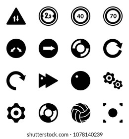 Solid vector icon set - oncoming traffic vector road sign, limited width, speed limit 40, 70, detour, only right, lifebuoy, reload, redo, fast forward, record, gears, gear, circle chart, volleyball