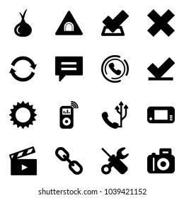 Solid vector icon set - onion vector, tunnel road sign, check, delete cross, refresh, chat, phone horn, sun, music player, game console, movie flap, link, wrench screwdriver, camera