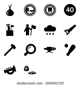 Solid vector icon set - onion vector, no trailer road sign, dangerous cargo, minimal speed limit, win, rain cloud, saw, sledgehammer, magnifier, pipe welding, baseball bat, horn toy