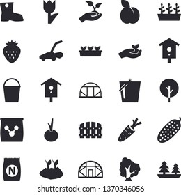 Solid vector icon set - onion flat vector, cucumber, Strawberry, plum, fertilizer vectory, nesting box, carrot, tree, fence, seedlings, bucketful, planting plants, gumboots, tulip, lawn mower