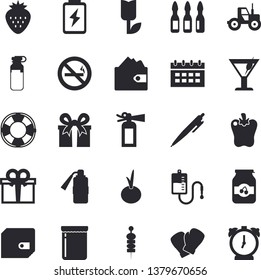 Solid Vector Icon Set - Onion Flat Vector, Bell Pepper, Cocktail, Jam, Strawberry, Canape, Tractor, Tulip, Battery, Purse, Present, Blood Transfusion, Ampoule, Pen, Boxing Gloves, No Smoking Fector