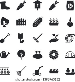 Solid vector icon set - onion flat vector, cucumber, fertilizer vectory, nesting box, carrot, tree, flower, sprinkling machine, shovel, hose, fence, seedlings, rake, watering can, planting plants