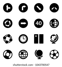 Solid vector icon set - only forward right vector road sign, detour, circle, minimal speed limit, globe, friends, time, pause, chart, soccer ball