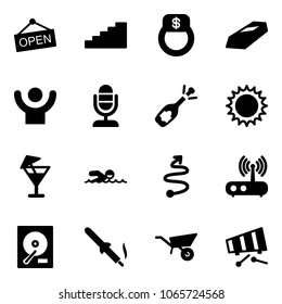 Solid vector icon set - open vector, stairs, finger ring, gold, success, microphone, fizz opening, sun, drink, swimming, trip, wi fi router, hdd, soldering iron, wheelbarrow, xylophone