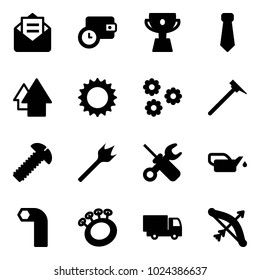 Solid vector icon set - opened mail vector, wallet time, cup, tie, arrow up, sun, flower, mason hammer, screw, wood drill, wrench screwdriver, oiler, allen key, beanbag, truck toy, bow