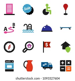 solid vector icon set - oven vector, jug, dish, compass, dollar flag, punching bag, skateboard, pool, route, disabled, search estate, relocation truck, building, home protect, sale, calculator
