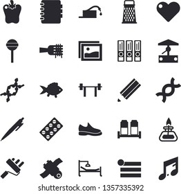 Solid vector icon set - paint roller flat vector, spice, grater, fish, spaghetti on a fork, lollipop, bell pepper, well, hose, pill packaging, hospital bed, DNA, pen, pencil, satellit, gas burner