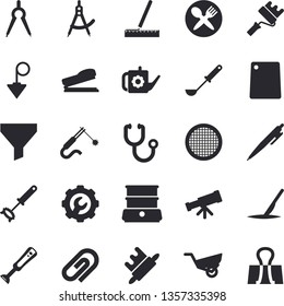 Solid vector icon set - paint roller flat vector, measure, repair, construction plummet, ladle, whisk, rolling pin, cutting board, double boiler, blender, sieve, watering can, garden wheelbarrow