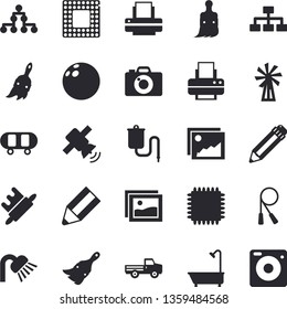 Solid vector icon set - paint brush flat vector, shower, rolling pin, windmill, pickup truck, medical warmer, printer, pencil, satellit, cpu, classification, bowling ball, skateboard, skipping rope