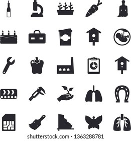 Solid vector icon set - paint brush flat vector, sauce, cake, bell pepper, coffe, nesting box, carrot, horseshoe, seedlings, butterflies, trammel, manufactory, conveyor, SIM card, wrench, crisis