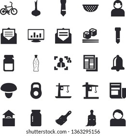 Solid vector icon set - paint brush flat vector, colander, glass jar, mushroom, onion, fish rolls, lemonade, crane, news, medical analysis, computer chart, recruitment, tie, weight, bicycle fector