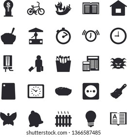 Solid vector icon set - paint brush flat vector, calculator, boiler, stopwatch, cutting board, porridge, hot peppers, French fries, well, butterflies, lamp, socket, radiator, idea, clock, virus