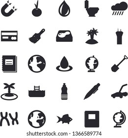 Solid vector icon set - paint brush flat vector, toilet, onion, fish, shovel, lawn mower, rain, pool, drop, earth, credit card, chromosomes, notebook, pen, globe, magnet, water, island