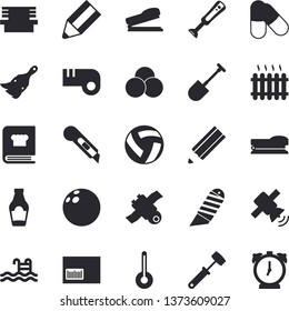 Solid vector icon set - paint brush flat vector, stationery knife, meat hammer, cookbook, blender, temperature, ketchup, shovel, bench, radiator, barcode, pencil, stapler, satellit, bowling ball