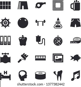 Solid vector icon set - paint roller flat vector, tile, spice, fish, canned food, bell pepper, orange, main pipeline, medical warmer, hospital bed, broken tooth, coffee, gas burner, cpu, barbell