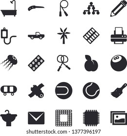 Solid vector icon set - paint brush flat vector, sink, shower, plum, windmill, pickup truck, knife, pill packaging, medical warmer, printer, pencil, mail, satellit, cpu, classification, bowling ball