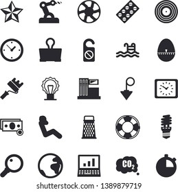 Solid Vector Icon Set - Paint Roller Flat Vector, Construction Plummet, Kitchen Egg Timer, Grater, Ventilation, Gas Station, Energy Saving Lamp, Carbon Dioxide, Cash, Clock, Pill Packaging, Computer