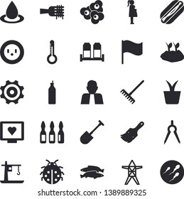 Solid vector icon set - paint brush flat vector, spice, spaghetti on a fork, hot dog, popcorn, fish, mustard, thermometer, home plant, ladybird, shovel, rake, planting plants, socket, cogwheel, drop