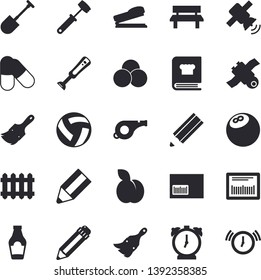 Solid vector icon set - paint brush flat vector, meat hammer, cookbook, blender, ketchup, plum, shovel, bench, radiator, barcode, pencil, stapler, satellit, whistle, bowling ball, volleyball, pills