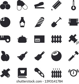 Solid vector icon set - paint brush flat vector, stationery knife, saucepan, meat hammer, cookbook, temperature, ketchup, plum, shovel, bench, radiator, barcode, stapler, pencil, satellit, pills