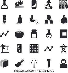 Solid vector icon set - paint brush flat vector, door lock, tomato, fish rolls, lemonade, chemistry, power line support, crane, metallurgy, person, scatter chart, disabled, medical analysis, sticker