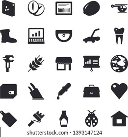 Solid vector icon set - paint roller flat vector, sink, knives, cutting board, groats, ketchup, ear, lemon, coffee beans, ladybird, gumboots, lawn mower, trammel, purse, barcode, pipette, heart