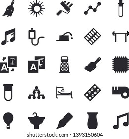 Solid vector icon set - paint brush flat vector, roller, sink, grater, jugful, hose, marker, scatter chart, pill packaging, medical warmer, blood test, hospital bed, cpu, classification, barbell