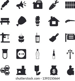 Solid vector icon set - paint brush flat vector, tile, sauce, ham, lemonade, soda, honeycomb, ear, carrot, knife, tulip, house, bench, fireplace, socket, power line support, energy saving lamp