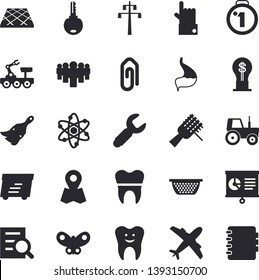 Solid vector icon set - paint brush flat vector, flooring, colander, spaghetti on a fork, tractor, butterflies, power line support, wrench, location, team, idea, express delivery, tooth, stomach