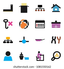 solid vector icon set - pan vector, pasta, university, corner ruler, student, hierarchy, calendar, port, no hook, chromosomes, connect, connection, user, house, client search