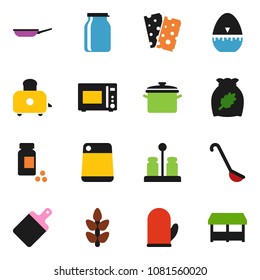 solid vector icon set - pan vector, cook glove, timer, ladle, cutting board, toaster, microwave oven, spices, jar, cereal, pills vial, cereals, breads, market