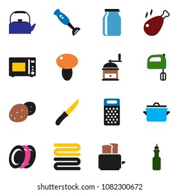 solid vector icon set - pan vector, kettle, towel, knife, hand mill, grater, mixer, toaster, microwave oven, blender, plates, jar, mushroom, potato, chicken leg, oil