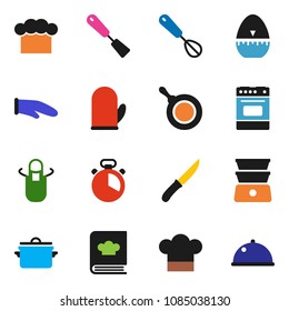 solid vector icon set - pan vector, cook hat, apron, glove, timer, whisk, spatula, knife, oven, double boiler, cookbook, dish
