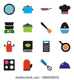 solid vector icon set - pan vector, cook hat, apron, glove, timer, whisk, spatula, grater, oven, double boiler, cookbook, sieve, dish