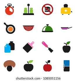 solid vector icon set - pan vector, colander, cook timer, spatula, cutting board, toaster, spices, dish, jar, mushroom, apple fruit, diet, no fastfood, fridge