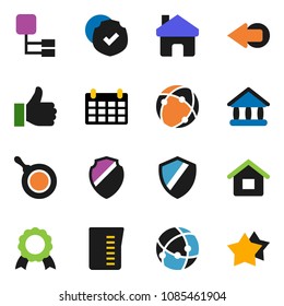 solid vector icon set - pan vector, measuring cup, medal, university, calendar, protected, finger up, connection, shield, home, arrow, hierarchy, house, star
