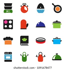 solid vector icon set - pan vector, cook hat, apron, glove, timer, oven, double boiler, cookbook, sieve, dish