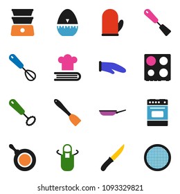 solid vector icon set - pan vector, apron, cook glove, timer, whisk, spatula, knife, oven, double boiler, cookbook, sieve